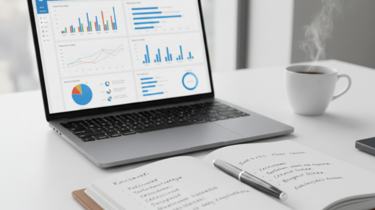 Modern irodai környezetben egy férfi és egy női szakértő elemzi a weboldal látogatottsági adatait és grafikonjait egy nagy digitális kijelzőn, a háttérben városi panorámával.